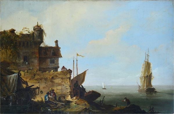 Scuola Francese, XVIII sec. - Marina con ruderi e pescatori