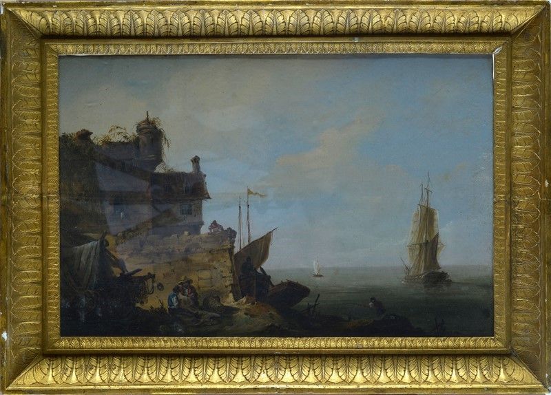Scuola Francese, XVIII Sec. - Marina con Ruderi e Pescatori