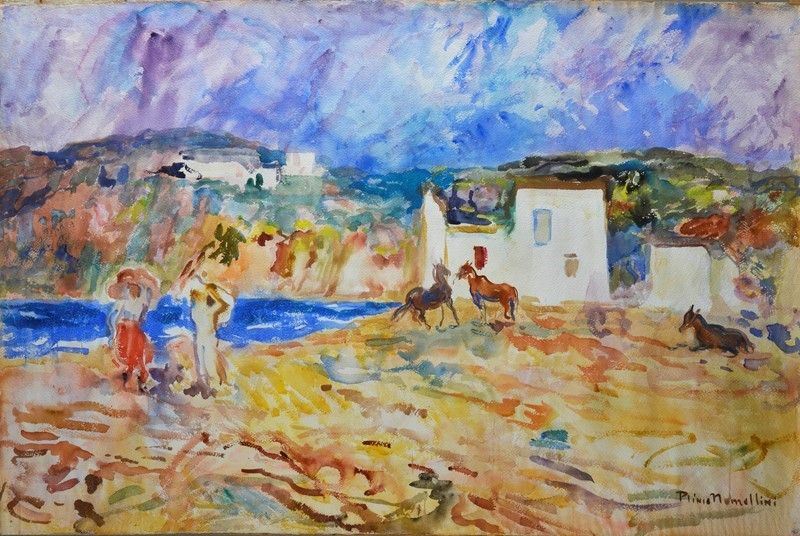 Plinio Nomellini - Paesaggio con Figure e Cavalli