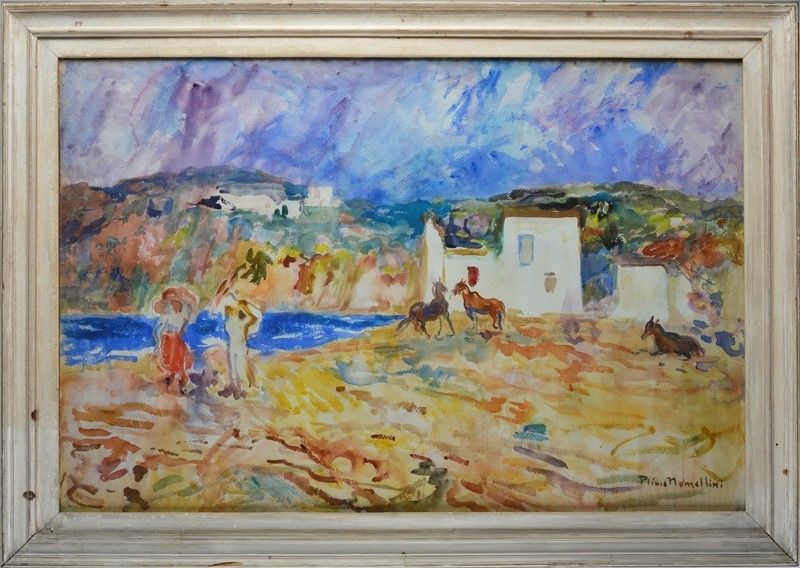 Plinio Nomellini - Paesaggio con Figure e Cavalli