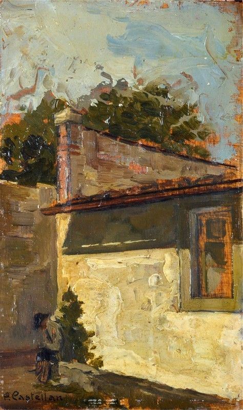 Paride Castellan - Scorcio di casa con figura