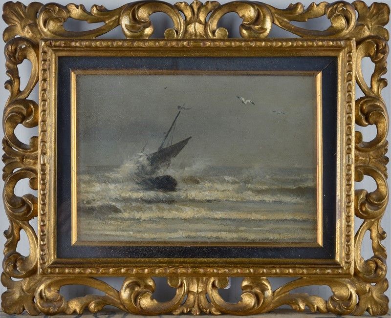 Anonimo, XIX Sec. - Marina con Barca