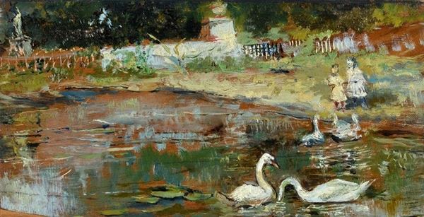Anonimo, XX sec. - Pond with swans