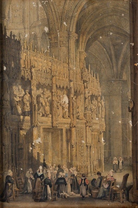Scuola Francese, XIX sec. - Interno di chiesa