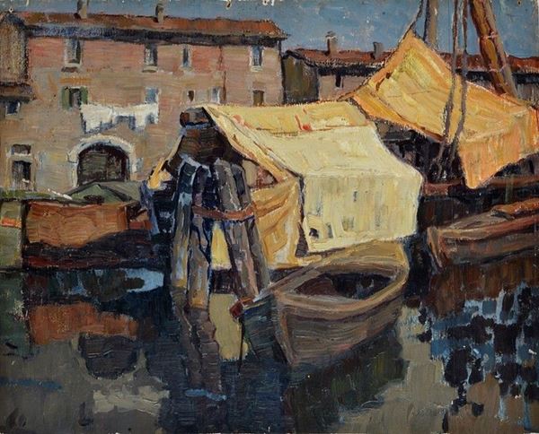 Arturo Panizzi - Barche a Livorno (fronte), Mucca al pascolo (retro)