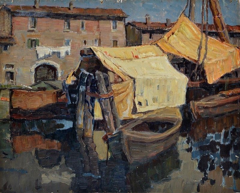 Arturo Panizzi - Barche a Livorno (fronte), Mucca al Pascolo (retro)