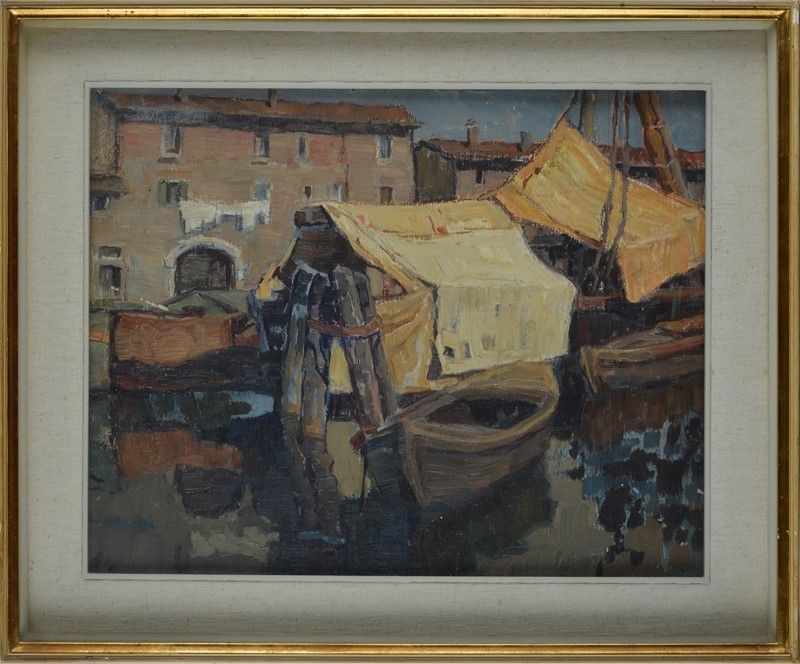 Arturo Panizzi - Barche a Livorno (fronte), Mucca al Pascolo (retro)