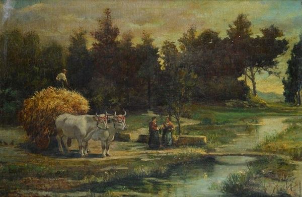 Lorenzo Gelati - Paesaggio con carro di fieno e figure  