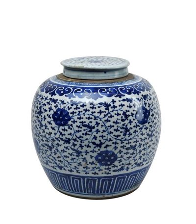 Vaso Globulare con Coperchio in Porcellana Bianco Blu