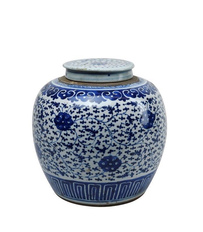 Vaso Globulare con Coperchio in Porcellana Bianco Blu