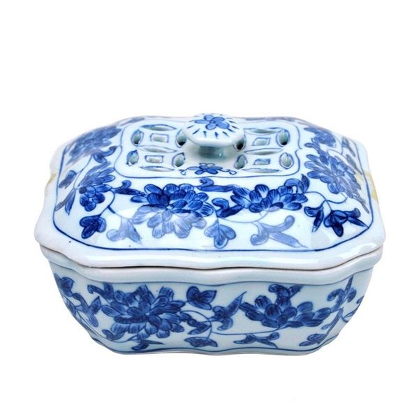 Scatola con coperchio in ceramica bianco blu