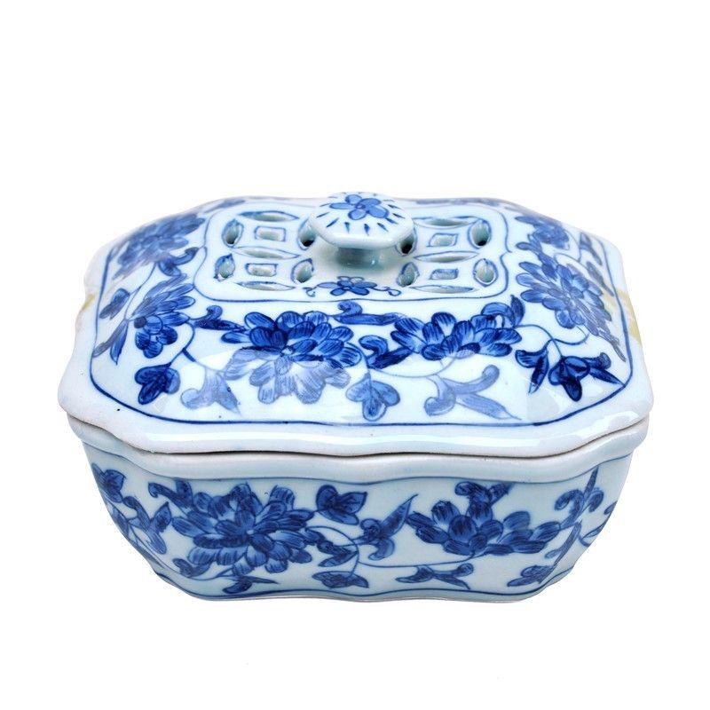 Scatola con Coperchio in Ceramica Bianco Blu