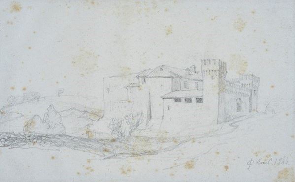 Anonimo, XIX sec. : Paesaggio con fortezza  (1844)  - Matita su carta - Asta ANTIQUARIATO, AUTORI DEL XIX E XX SEC - I - Galleria Pananti Casa d'Aste