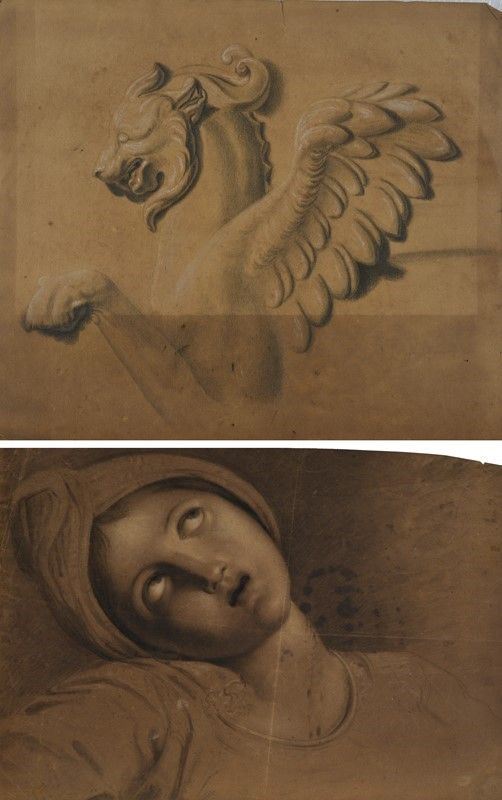 Anonimo, XIX sec. - Head study; Study for bas-relief with a winged lion