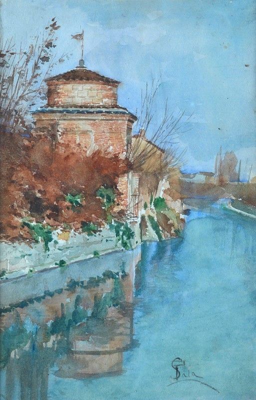 Anonimo, XIX sec. - Edificio lungo il canale 