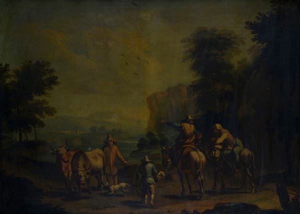 Scuola Olandese, XVII sec. - Landscape with peasants