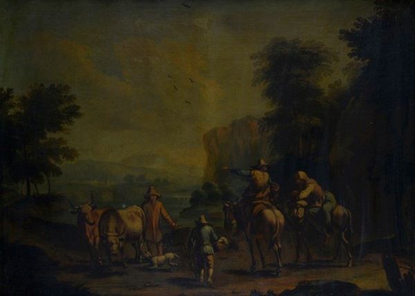 Scuola Olandese, XVII sec. - Landscape with peasants