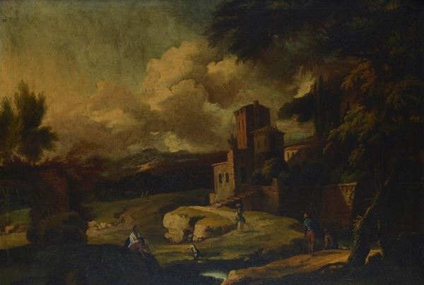 Scuola Veneta, XVIII sec. - Paesaggio con figure
