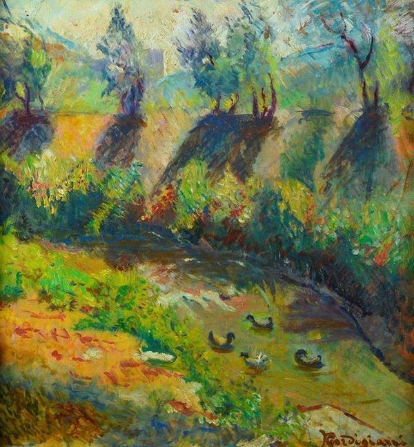Eduardo Gordigiani - Paesaggio con ruscello e oche