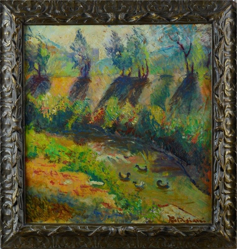 Eduardo Gordigiani - Paesaggio con Ruscello e Oche