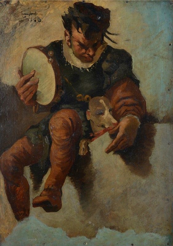 Anonimo, XIX sec. - Suonatore di tamburello con cane