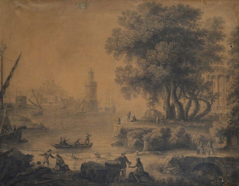 Scuola Francese, XVII - XVIII Sec. - Veduta di Porto con Figure