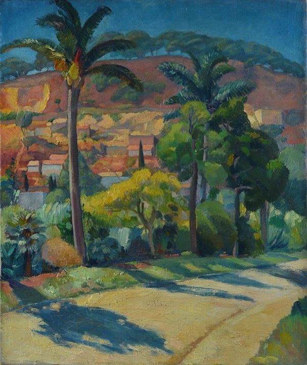 Scuola Francese, XX sec. - Strada con palme e paese sullo sfondo