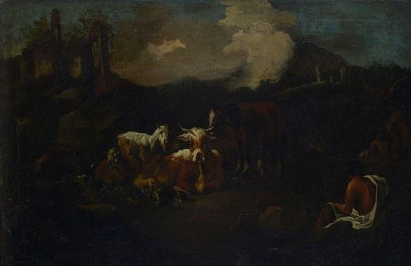 Scuola Romana, XVII sec. - Paesaggio con rovine, armenti e pastore
