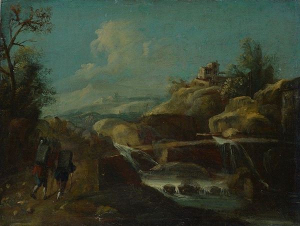 Anonimo, XVIII - XIX sec. - Paesaggio con viandanti
