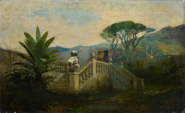 Vincenzo Scala - Paesaggio con scalinata e figure