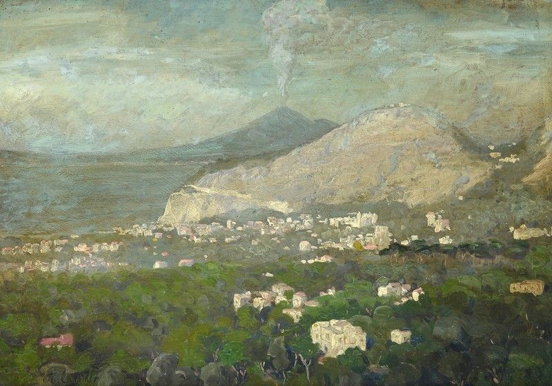 Achille Carrillo - Veduta di Paese con Vesuvio