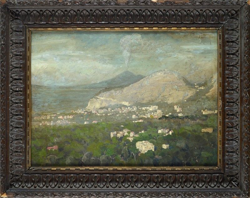 Achille Carrillo - Veduta di Paese con Vesuvio