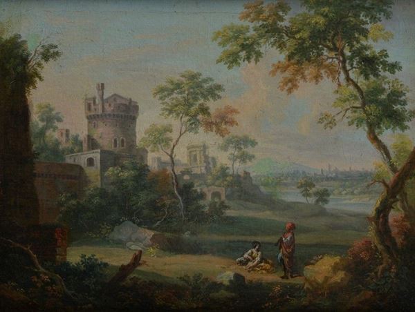 Scuola Italia Settentrionale, XVIII sec. - Paesaggio con castello e figure