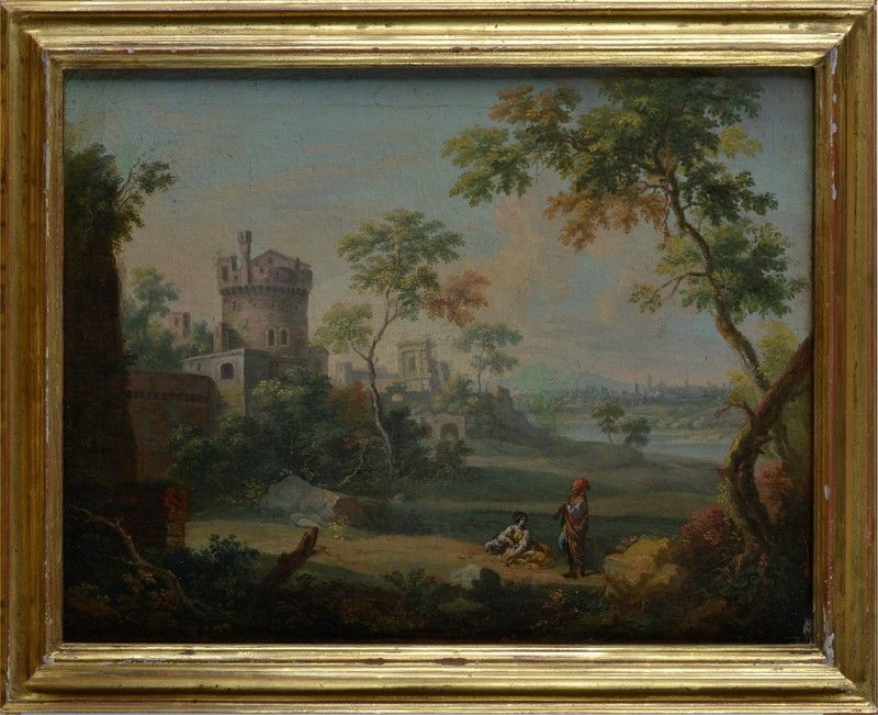 Scuola Italia Settentrionale, XVIII Sec. - Paesaggio con Castello e Figure