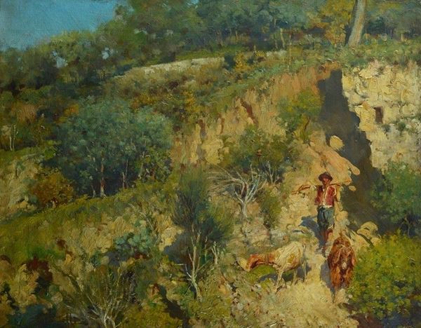 Cesare Tiratelli - Paesaggio con pastore e capre
