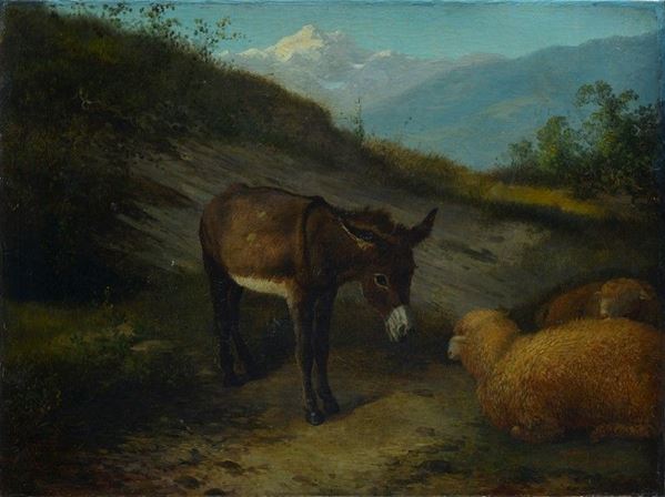 Anonimo, XIX sec. - Asinello e pecore