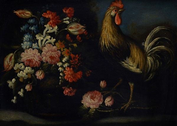 Scuola Lombarda,  XVII sec. - Natura morta con fiori e gallo