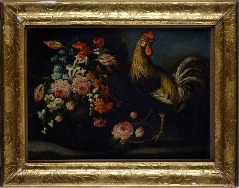 Scuola Lombarda, XVII Sec. - Natura Morta con Fiori e Gallo