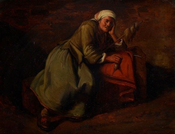 Scuola Lombarda,  XVIII sec. - Vecchia con fuso