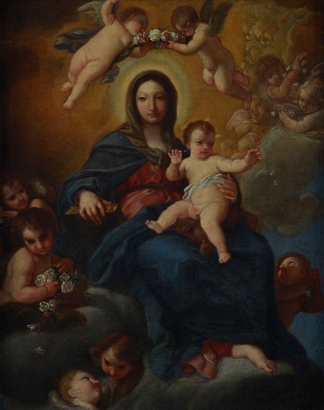 Scuola Romana, XVIII Sec. - Madonna Col Bambino e Angeli