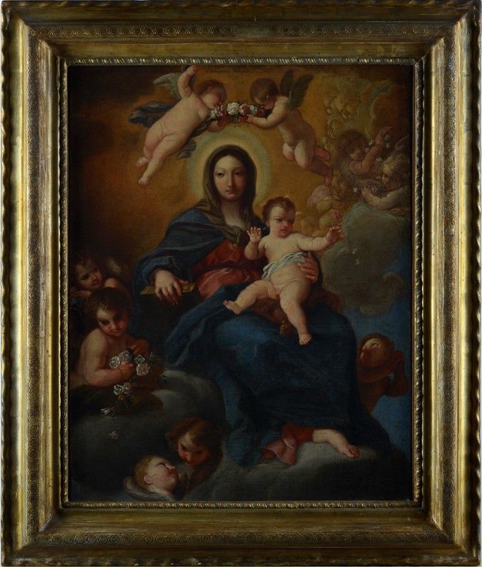 Scuola Romana, XVIII Sec. - Madonna Col Bambino e Angeli
