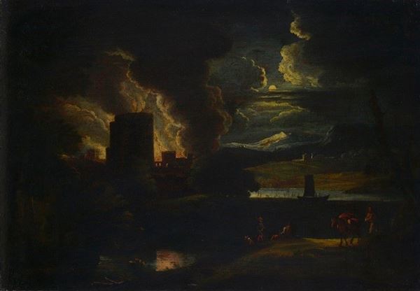 Scuola Francese, XVIII sec. - Castle fire