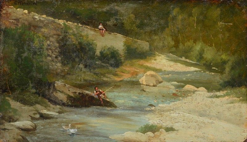Carlo Mancini - Ruscello con Pescatore