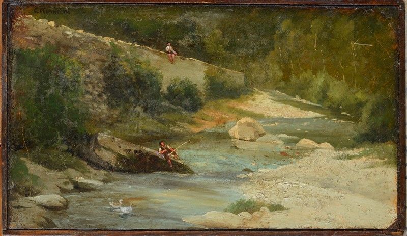 Carlo Mancini - Ruscello con Pescatore