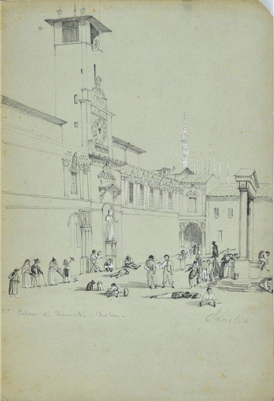 Carlo Canella : Merchants' Square  - Ink and white lead on paper - Auction FROM A MILANESE COLLECTION - Galleria Pananti Casa d'Aste