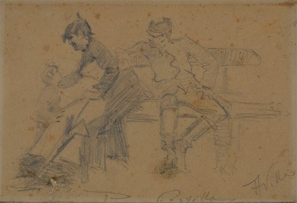 Aleardo Villa : Soldiers and child  - Pencil on paper - Auction FROM A MILANESE COLLECTION - Galleria Pananti Casa d'Aste
