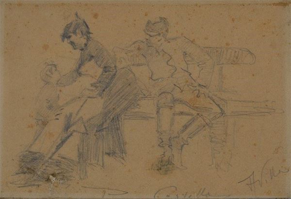 Aleardo Villa : Soldati e bambino  - Matita su carta - Asta Da un Collezionista Lombardo - Galleria Pananti Casa d'Aste