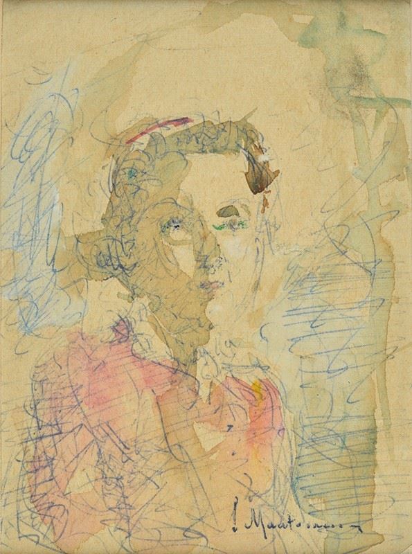 Luigi Mantovani : Female portrait  - Watercolor and pen on paper - Auction FROM A MILANESE COLLECTION - Galleria Pananti Casa d'Aste