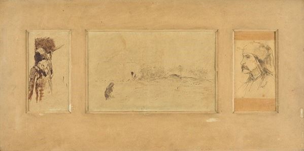 Domenico Morelli : Triptych: Woman from behind, Landscape, Male Profile  - Ink on paper - Auction AUTHORS OF XIX AND XX CENTURY - II - Galleria Pananti Casa d'Aste