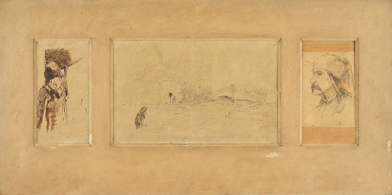 Domenico Morelli - Trittico: Donna di Spalle, Paesaggio, Profilo Maschile